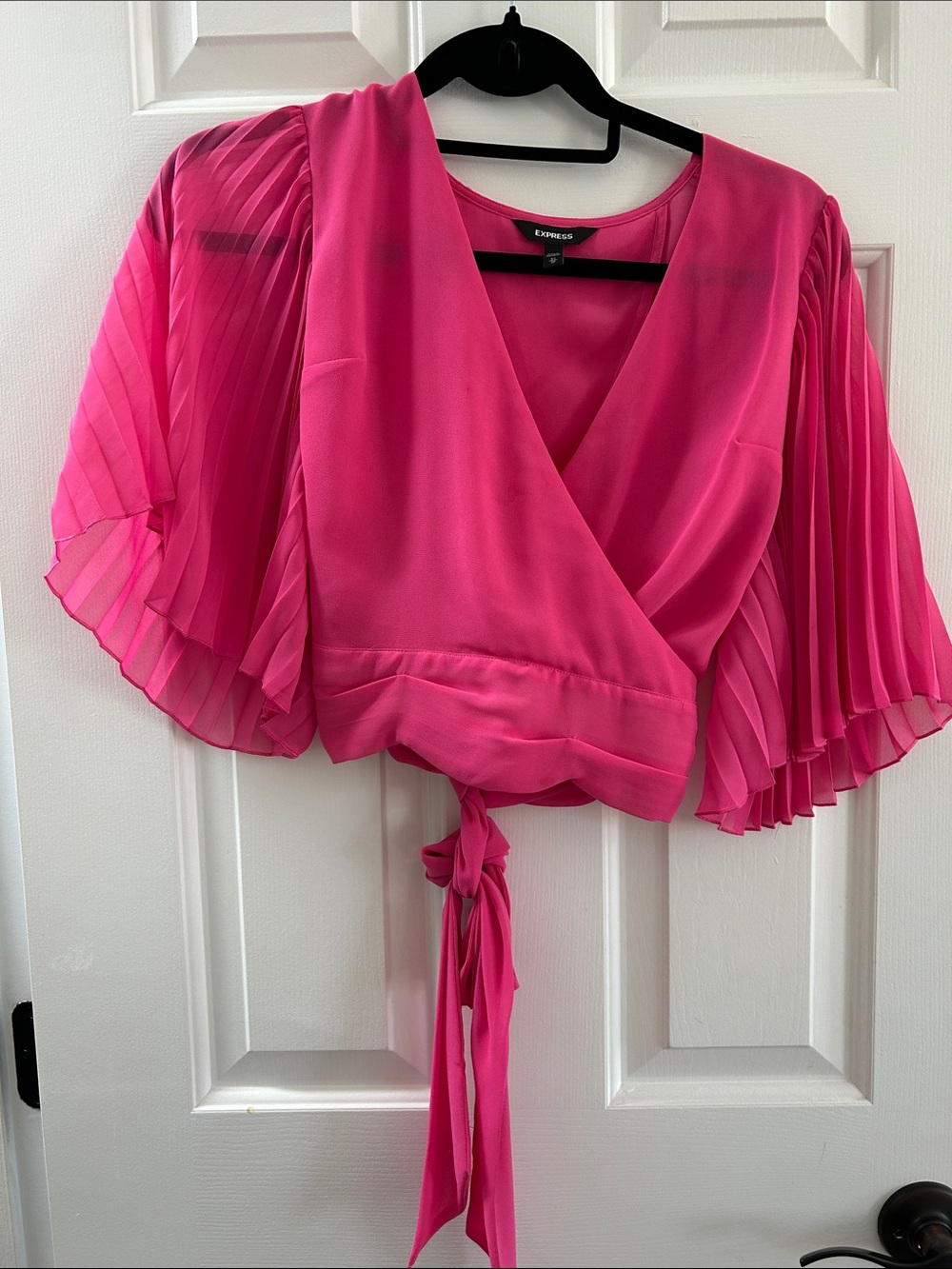 XS Express Women's Bright Pink Pleated Flutter Sleeve Wrap Top